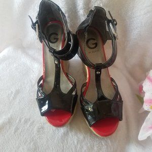 Guess Black Patent Leather Espadrille Wedge Heel Platform Sandals   8M